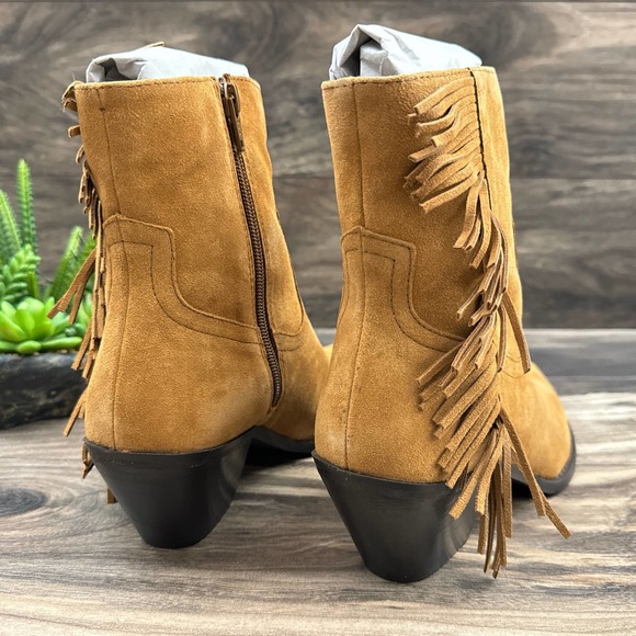 NIB Coconuts By Matisse 8.5M Saddle Suede Leather Western Fringe Booties - Picture 7 of 11